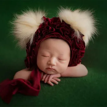 Nyfødte Pom Hat til Fotografering Skyde Dejlig Baby Dreng Bære Hat Vintage Nyfødte Foto Bonnet Blå Baby Flæsekanter Bonnet Showet Gave