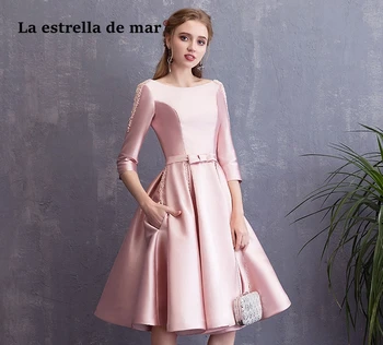 La estrella de mar vestidos coctel mujer 2021 nye halsudskæring satin pearl 3/4 ærme en Linje lyserøde cocktail kjoler Te Længde