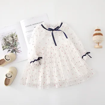 Børnetøj 2019 baby pige stil langærmet blomster plisserede gaze kjole børn kjoler for piger