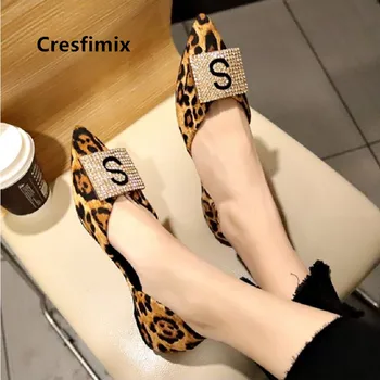 Cresfimix kvinder sexet party spring glide på skinner flade sko dame spids tå leopard mønster lejligheder shoes de mujer a5542