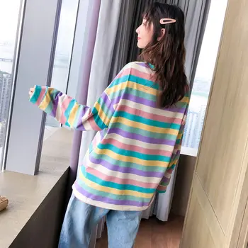 Oversize Regnbue Stribet langærmet T-shirt, Toppe Kvinder 2020 Street Style Løs t-shirt Schoolgirl Streetwear Tøj